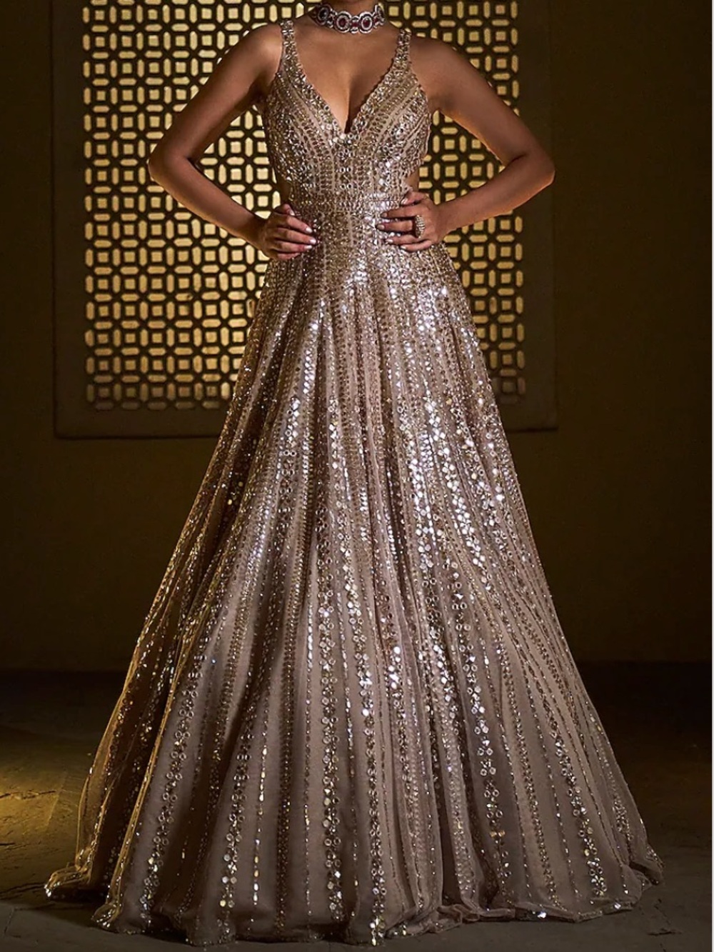 Seema Gujrol Gold Sequin Cut Out Formal Gown